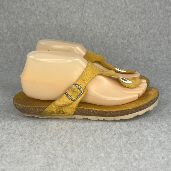 Yokono Suede Leather Thongs T-Strap Sandals Shoes 7.5 8 Yellow Cork Made Spain - Picture 2 of 11